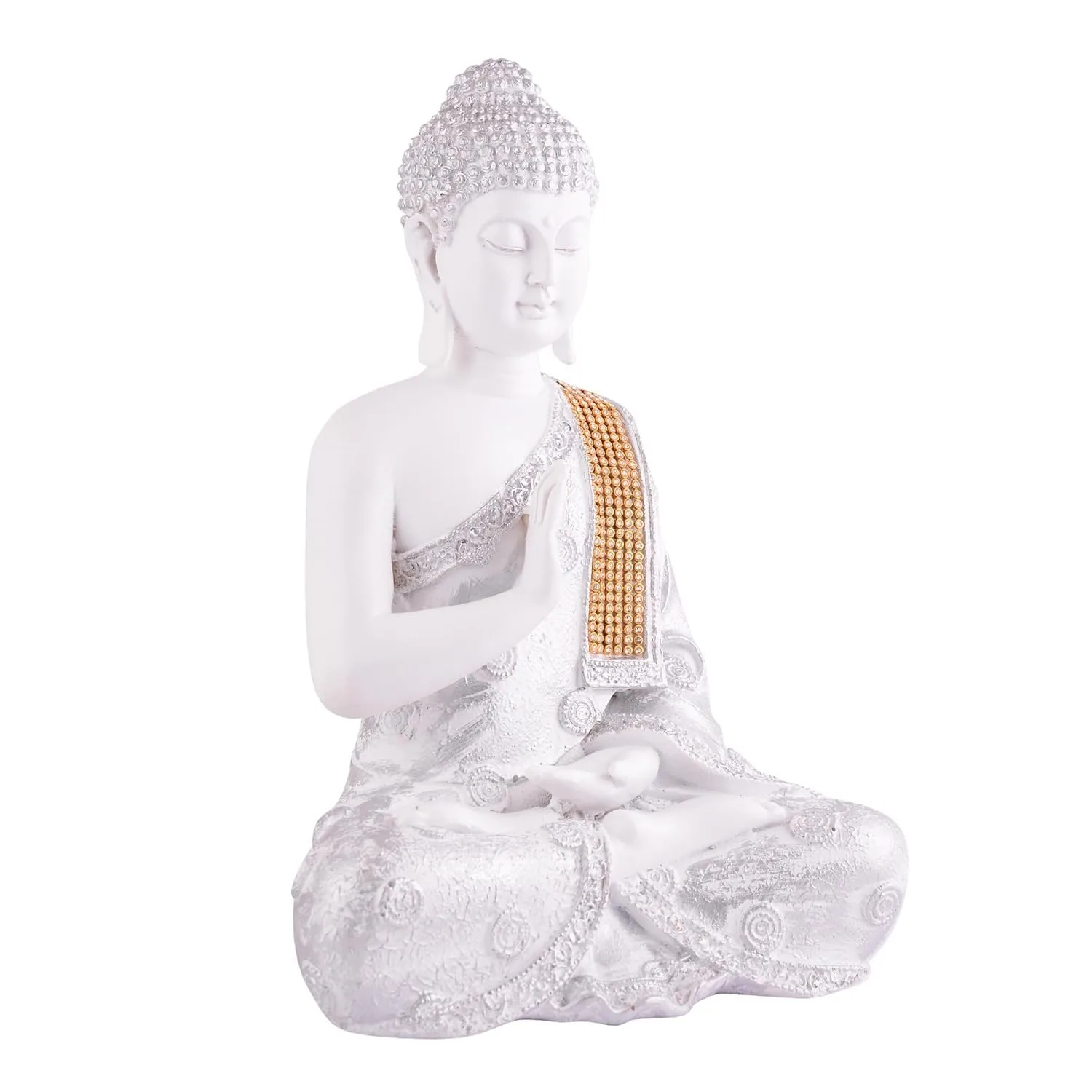 Premium White Buddha Idol with Golden Robe view 3