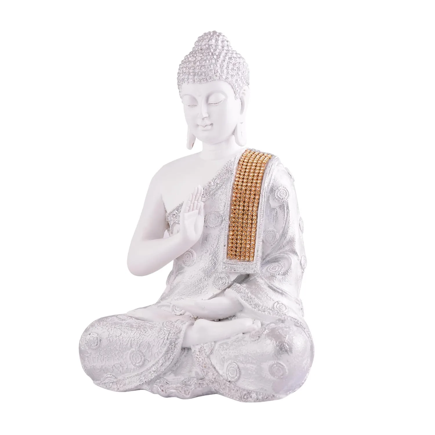 Premium White Buddha Idol with Golden Robe view 4