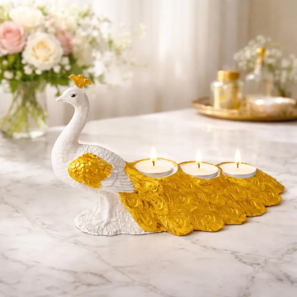 Golden Peacock Tealight Candle Holder Showpiece view 3