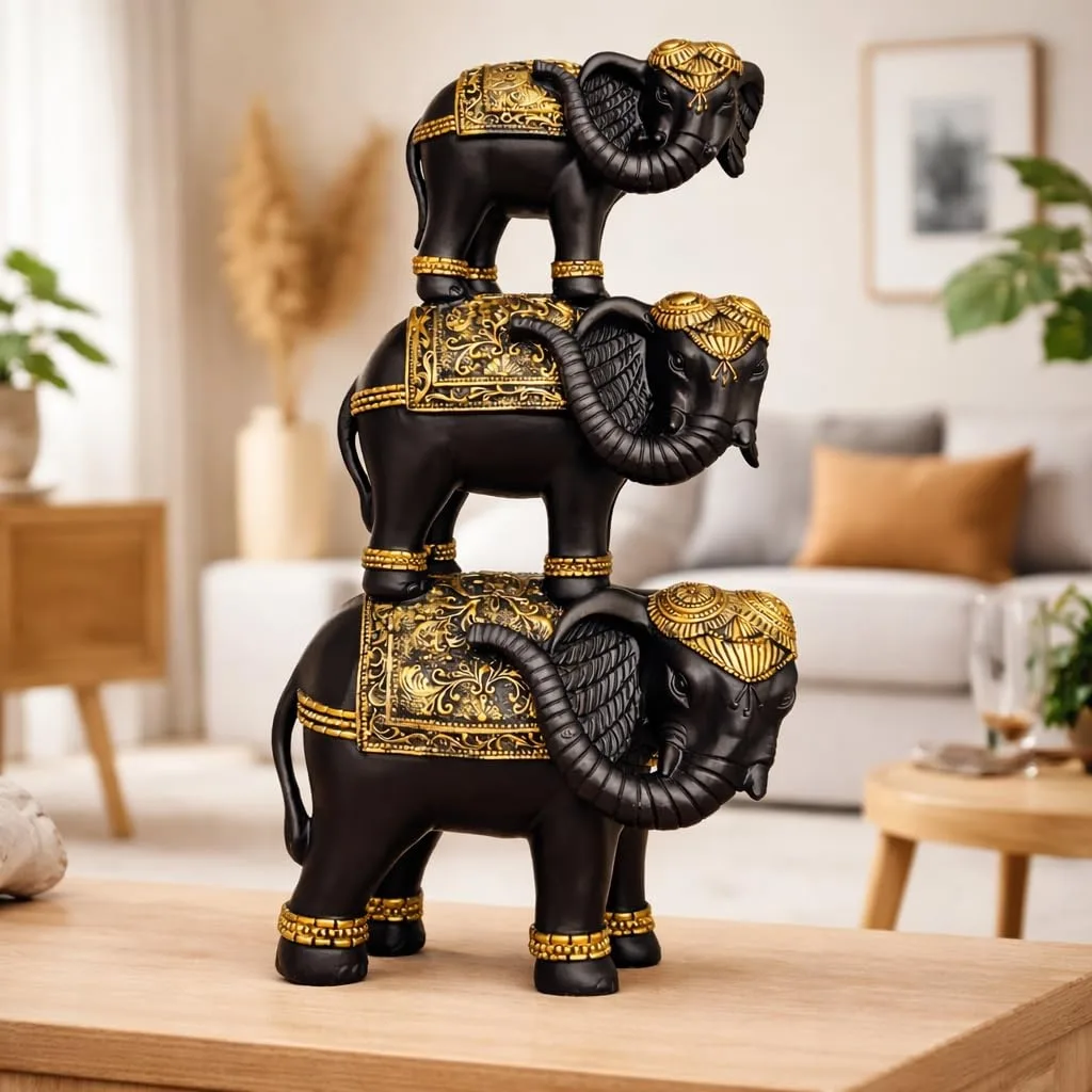 Black & Gold Three Elephant Figurine Statue view 2
