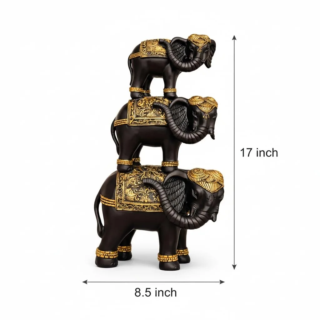 Black & Gold Three Elephant Figurine Statue view 3