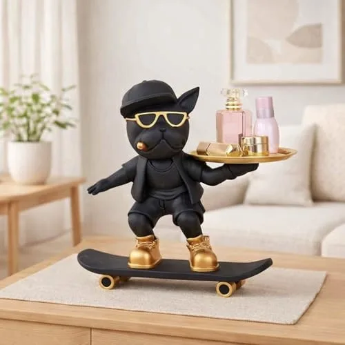 Skating Bulldog Resin Statue with Storage Tray view 3