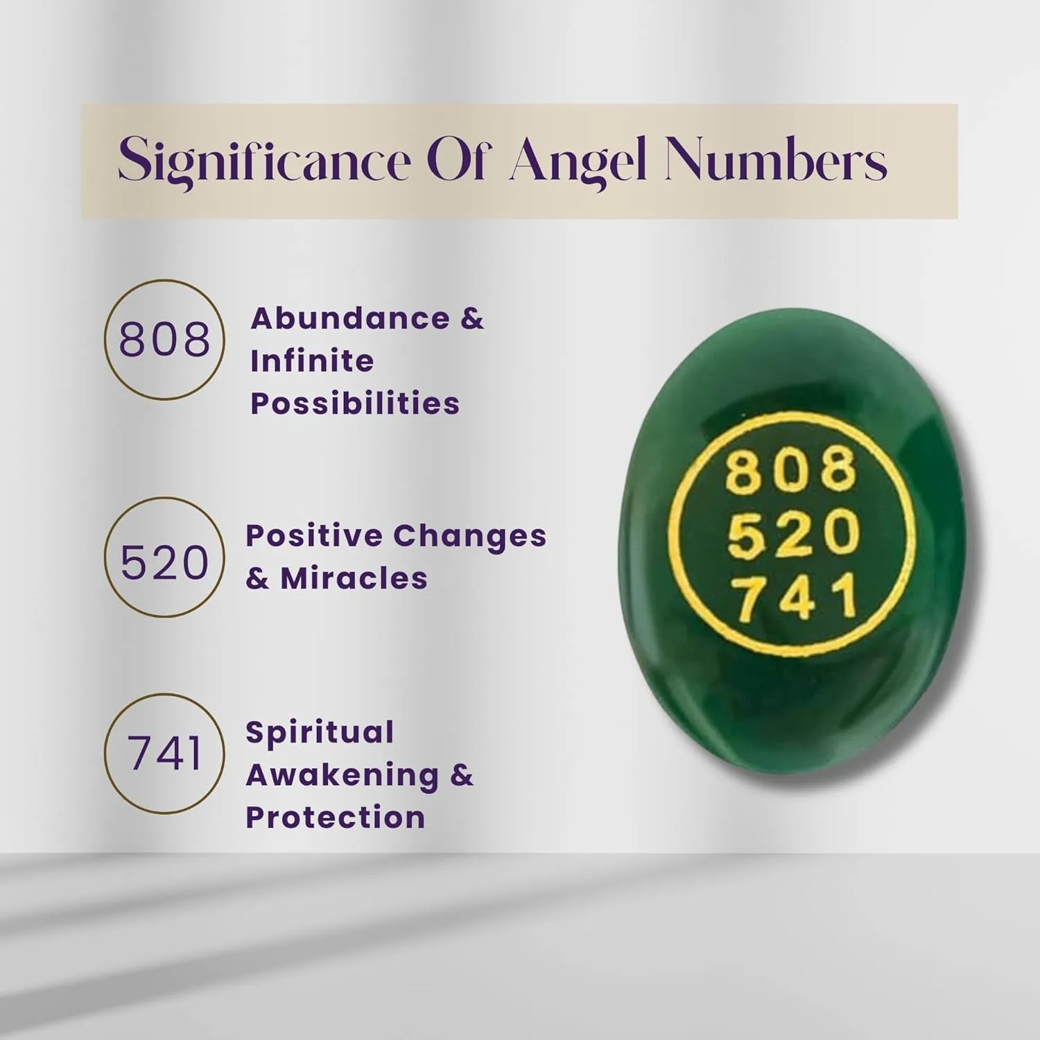 Ahina Green Jade Healing Crystal Coin with Angel Numbers 808 520 741, Oval Shape, Attracts Money, Prosperity and Spiritual Awakening view 3