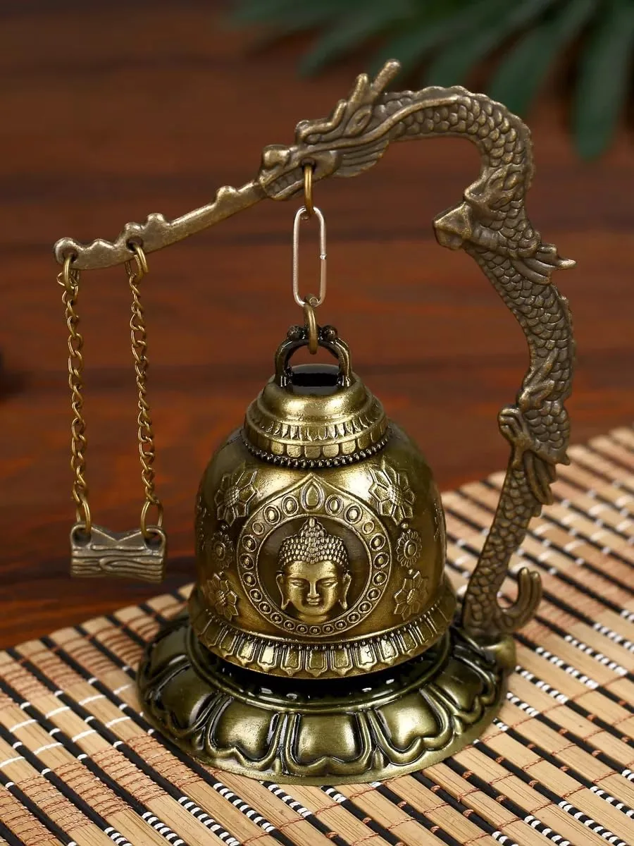 Ahina Asian Oriental Brass Gong with Dragon Stand Mini Gong Meditation Bell for Japanese Desk Accessories Tibetan Bells and Dragon Symbol Zen Art Accen view 2