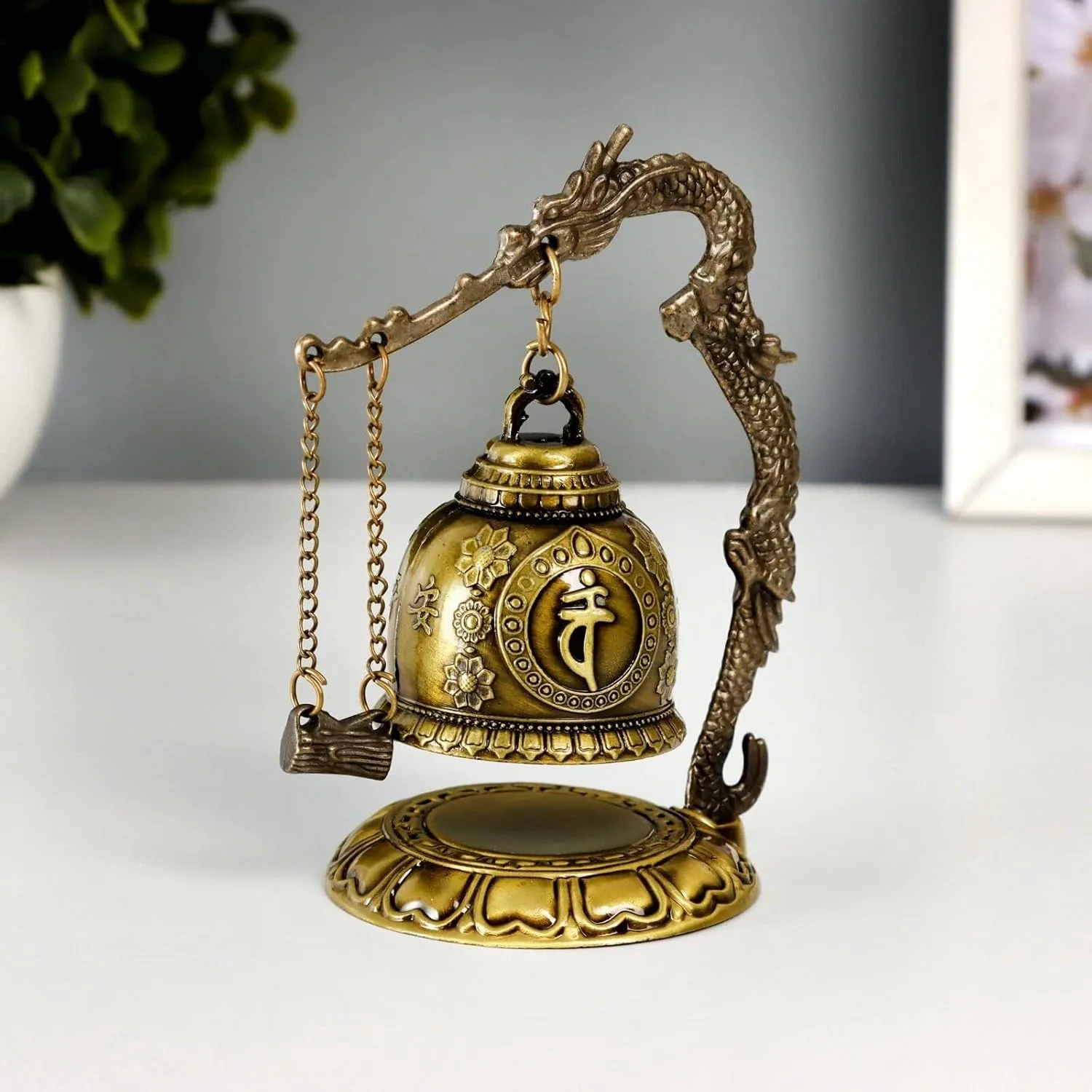 Ahina Asian Oriental Brass Gong with Dragon Stand Mini Gong Meditation Bell for Japanese Desk Accessories Tibetan Bells and Dragon Symbol Zen Art Accen view 7