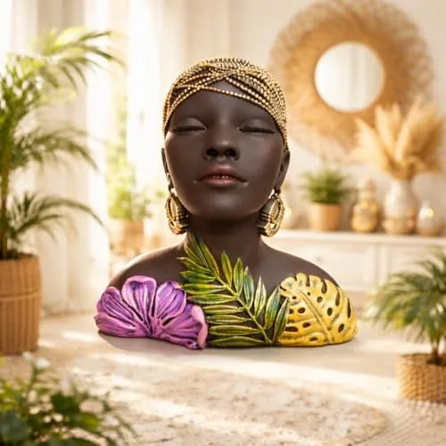 African Lady Face Planter Pot with Decorative Leaves view 3