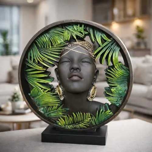 African Lady Face Showpiece with Green Leaves Frame view 3