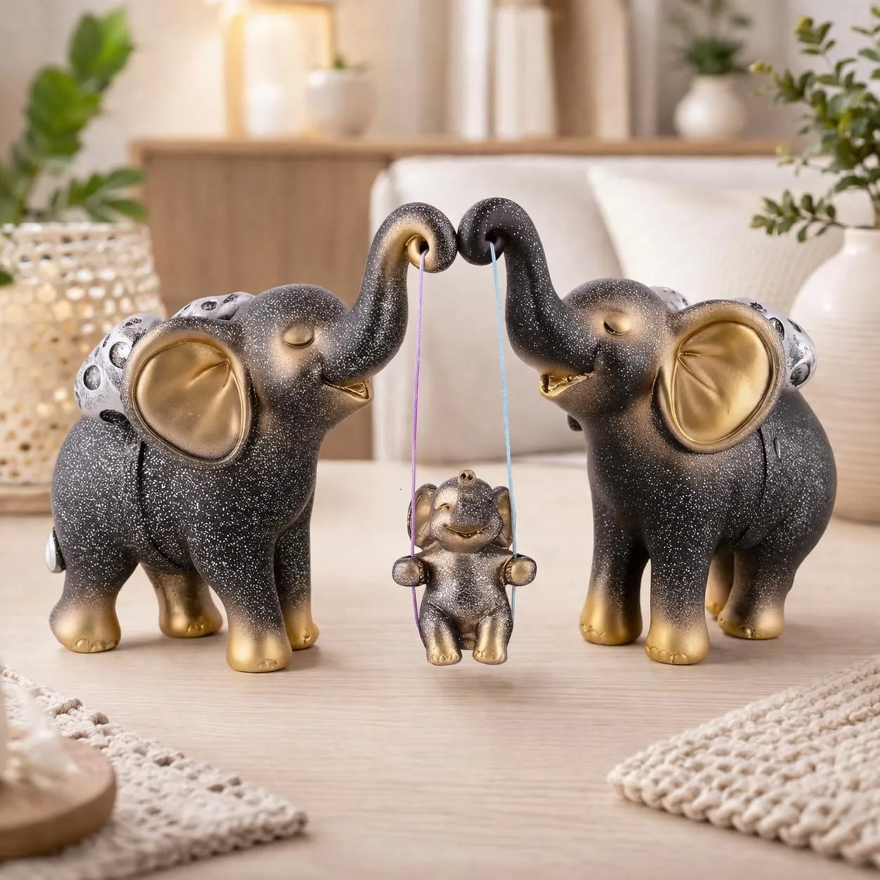 Premium Elephant Family Showpiece with Swing Baby view 2