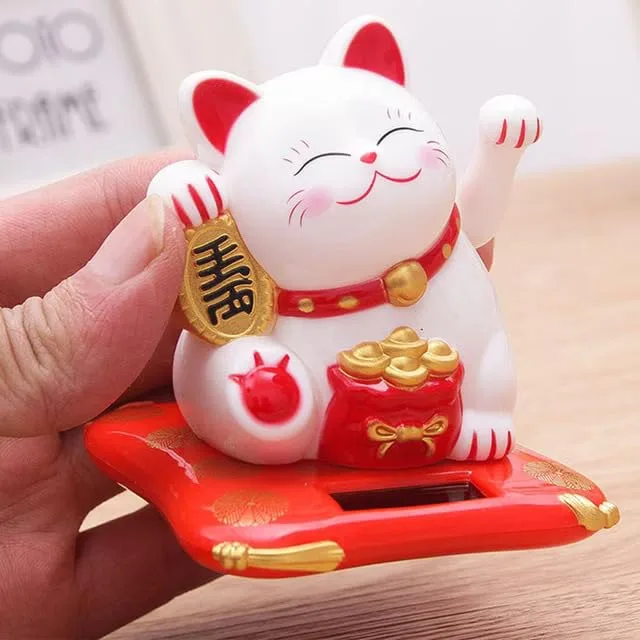 Ahina Solar Powered Feng Shui Lucky Cat Figurine, White, Waving Maneki Neko Statue for Home, Office, and Car Decor view 3