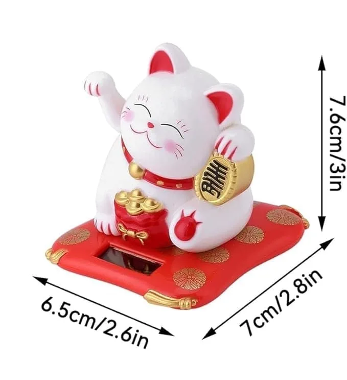 Ahina Solar Powered Feng Shui Lucky Cat Figurine, White, Waving Maneki Neko Statue for Home, Office, and Car Decor view 2
