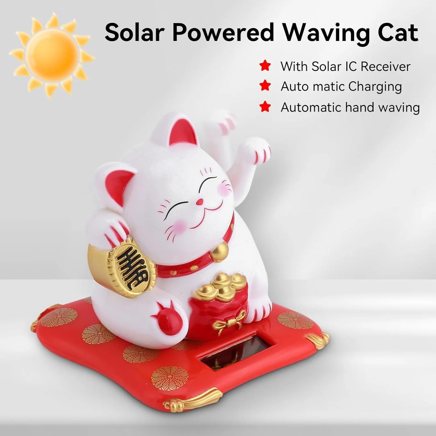 Ahina Solar Powered Feng Shui Lucky Cat Figurine, White, Waving Maneki Neko Statue for Home, Office, and Car Decor view 5