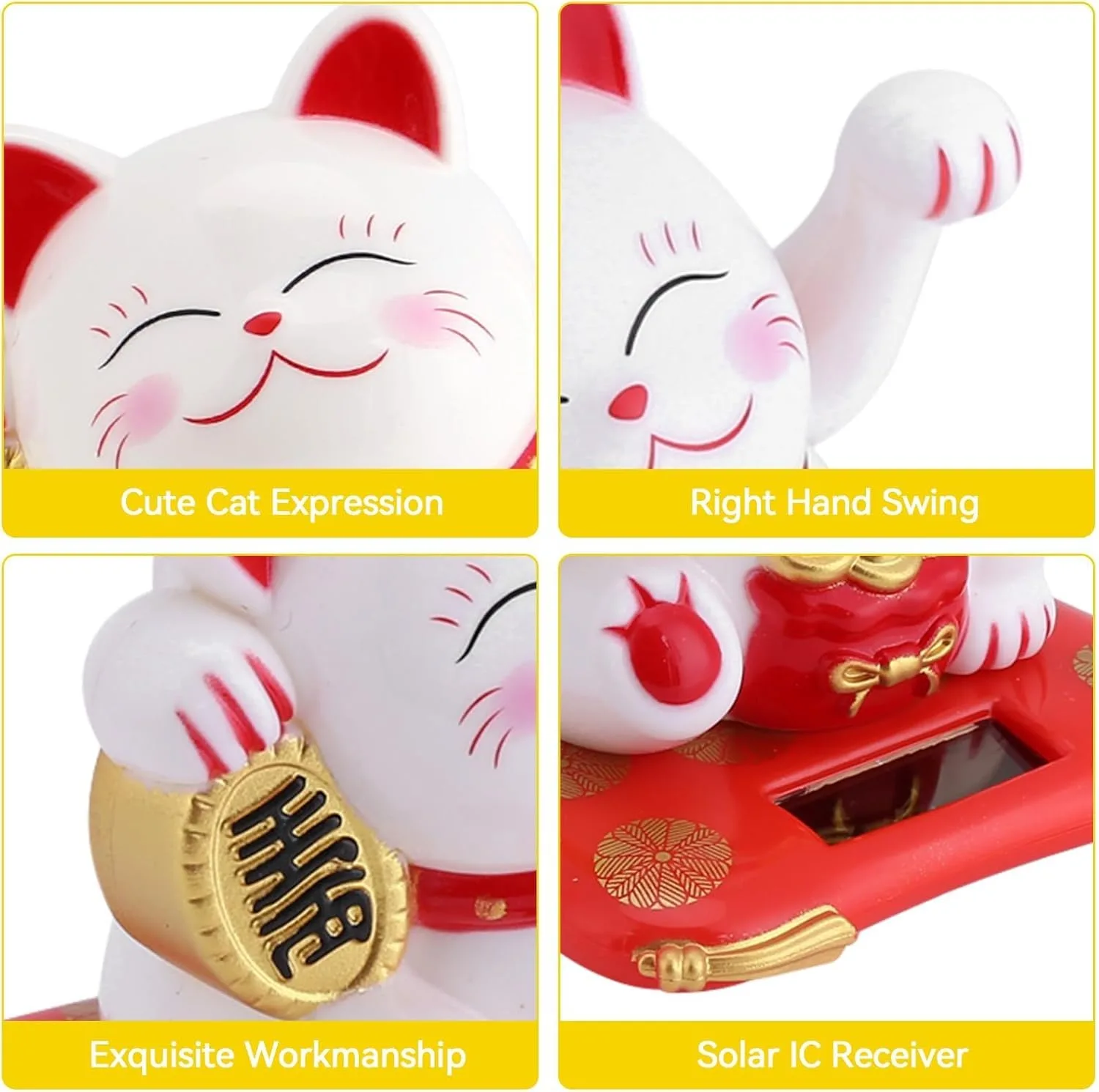 Ahina Solar Powered Feng Shui Lucky Cat Figurine, White, Waving Maneki Neko Statue for Home, Office, and Car Decor view 7