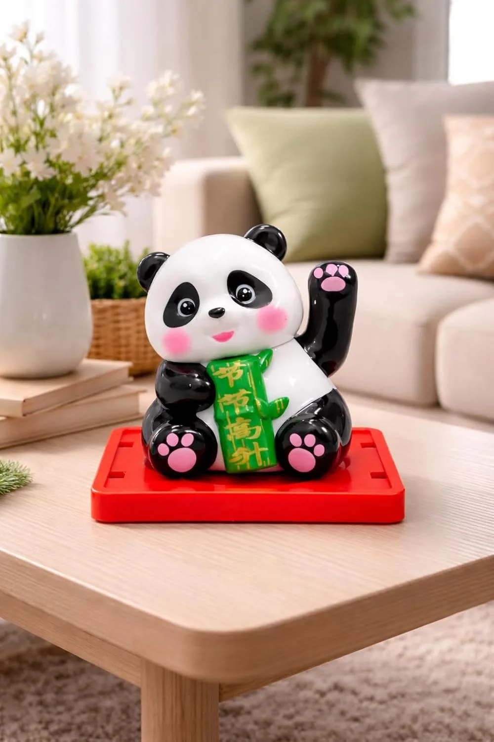 Ahina Solar Powered Lucky Waving Panda Figurine, Black and White, with Red Base, 6.35 x 3.81 cm view 6