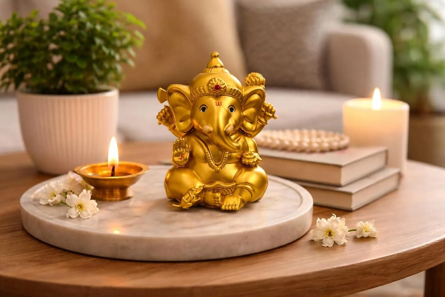 Ahina Solar Ganesh Idol, Gold Colour, Decorative Figurine with Red Base, Solar Powered view 5
