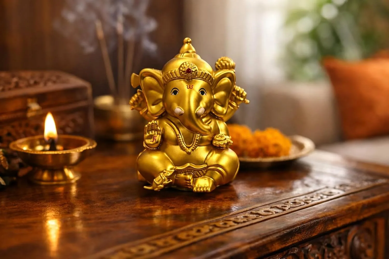 Ahina Solar Ganesh Idol, Gold Colour, Decorative Figurine with Red Base, Solar Powered view 7