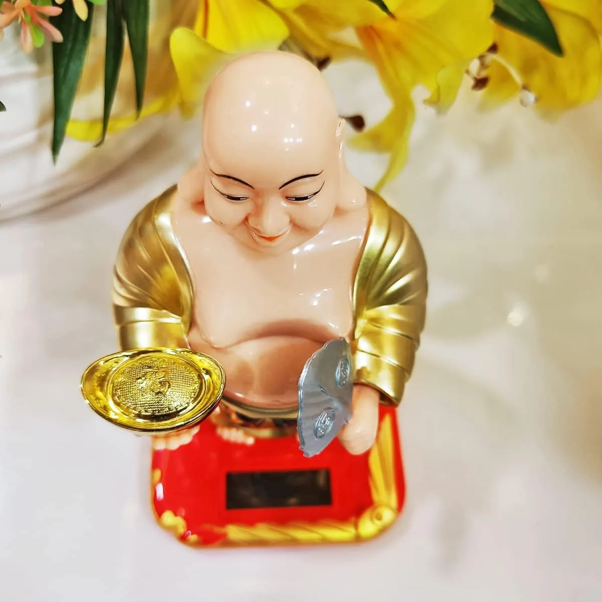 Ahina Solar Powered Bobblehead Laughing Buddha Statue, Gold and Red, Car Dashboard Decorative Figurine view 2