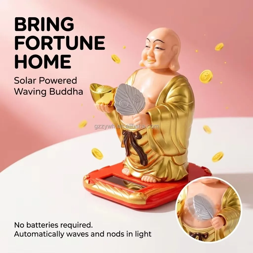Ahina Solar Powered Bobblehead Laughing Buddha Statue, Gold and Red, Car Dashboard Decorative Figurine view 3