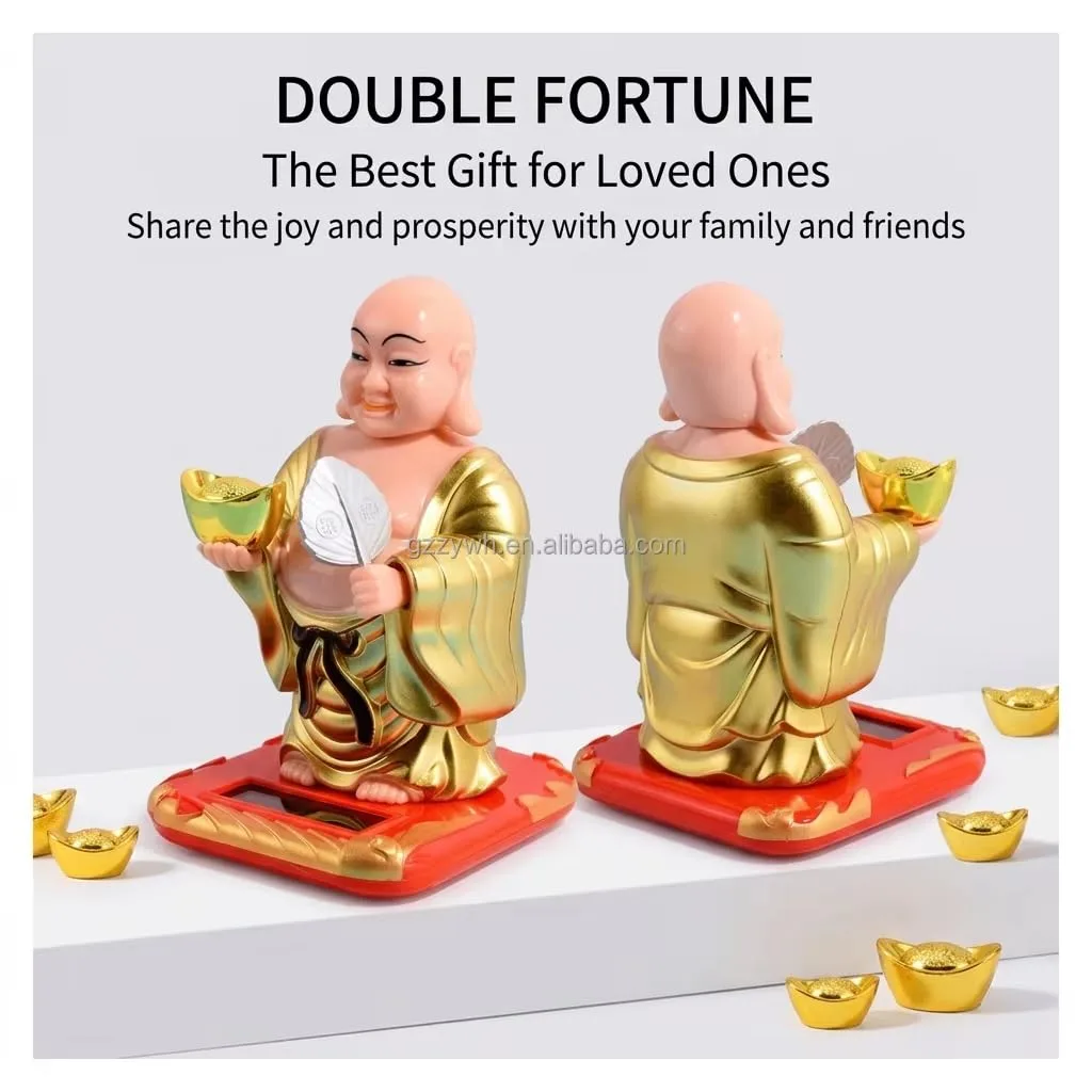 Ahina Solar Powered Bobblehead Laughing Buddha Statue, Gold and Red, Car Dashboard Decorative Figurine view 4