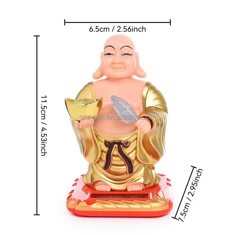 Ahina Solar Powered Bobblehead Laughing Buddha Statue, Gold and Red, Car Dashboard Decorative Figurine view 5