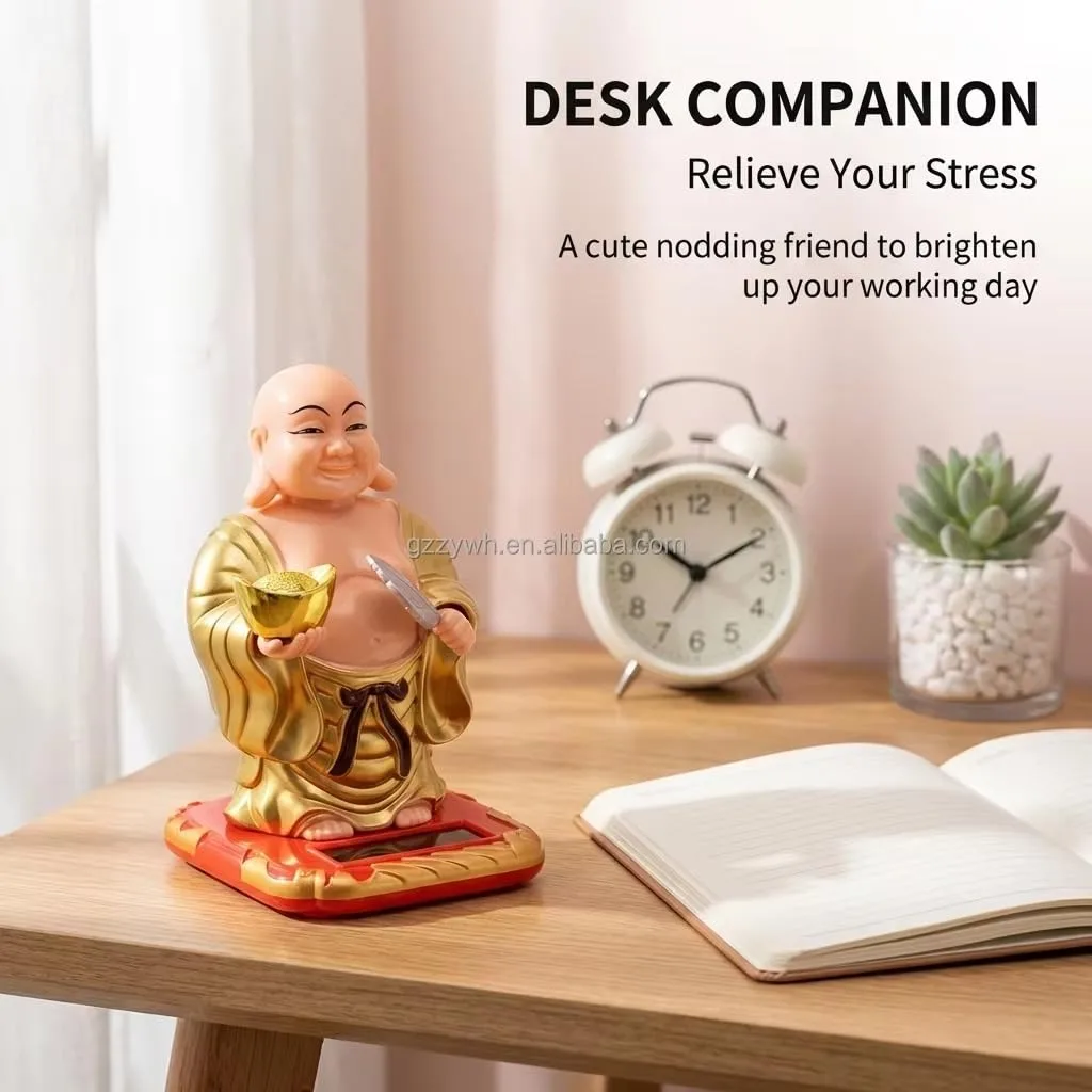 Ahina Solar Powered Bobblehead Laughing Buddha Statue, Gold and Red, Car Dashboard Decorative Figurine view 6