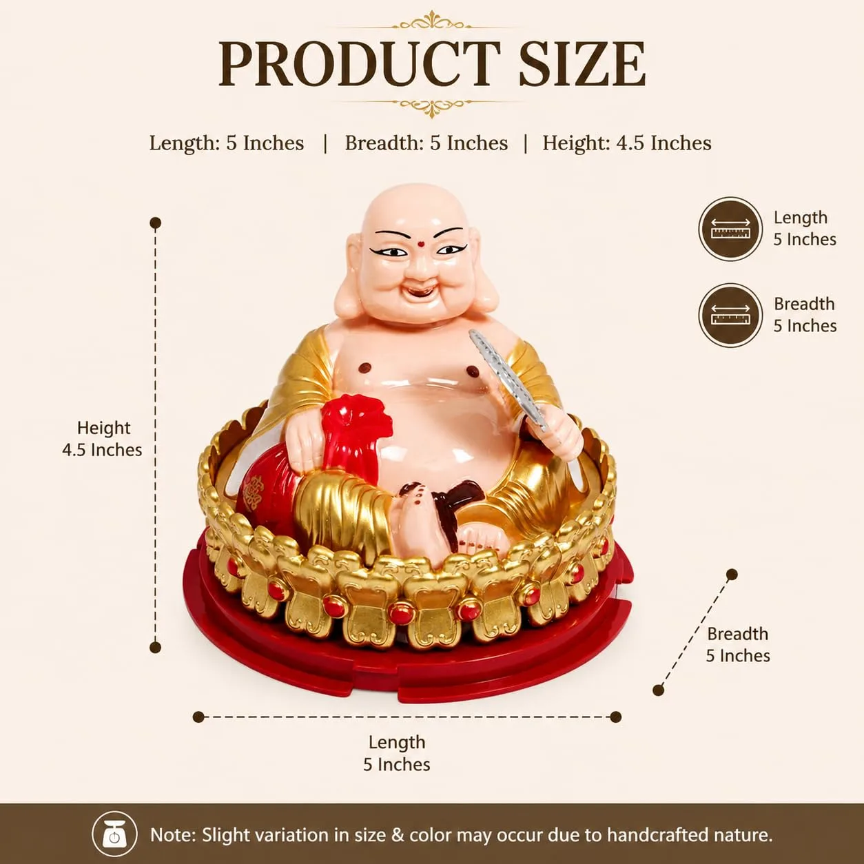 Ahina Laughing Buddha Solar Powered Figurine, Gold and Red, Feng Shui Home Decor Statue view 3