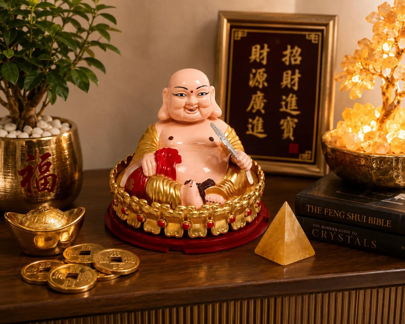 Ahina Laughing Buddha Solar Powered Figurine, Gold and Red, Feng Shui Home Decor Statue view 5