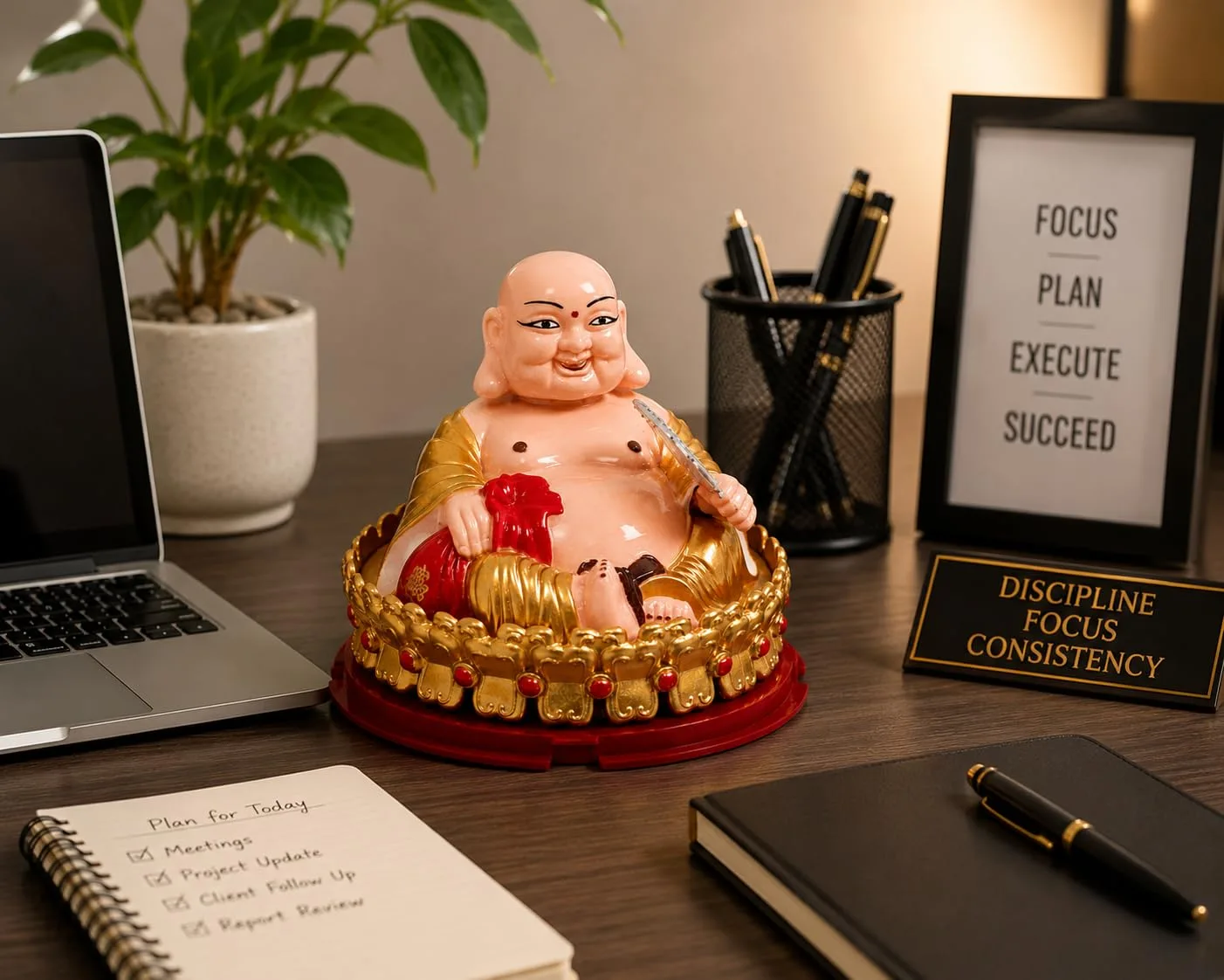 Ahina Laughing Buddha Solar Powered Figurine, Gold and Red, Feng Shui Home Decor Statue view 4