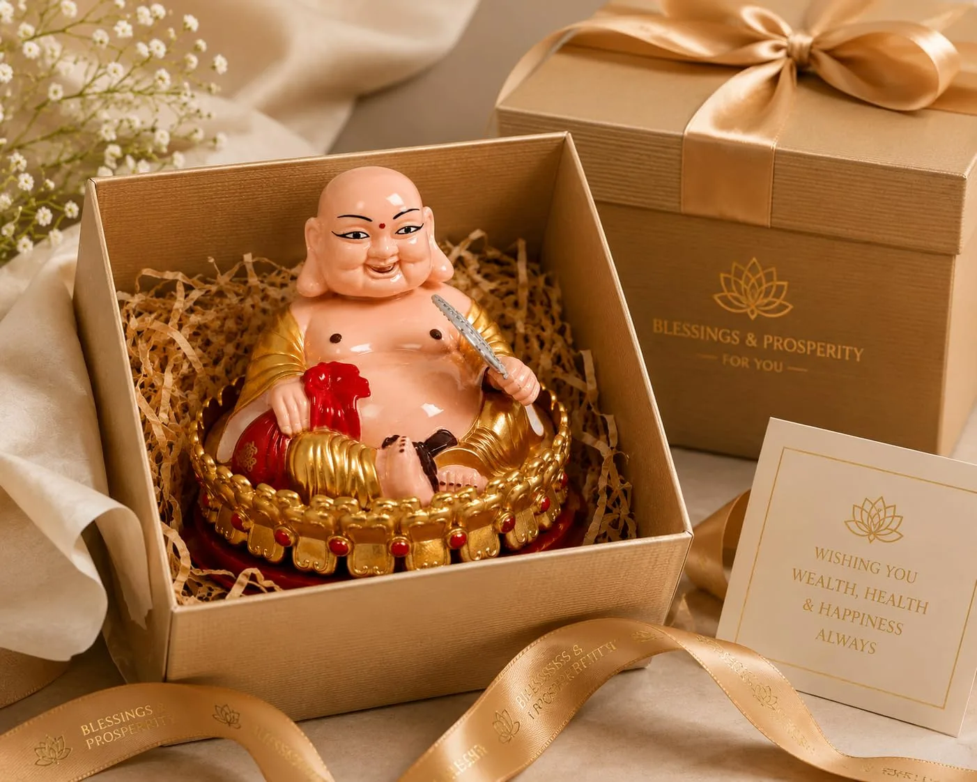 Ahina Laughing Buddha Solar Powered Figurine, Gold and Red, Feng Shui Home Decor Statue view 6