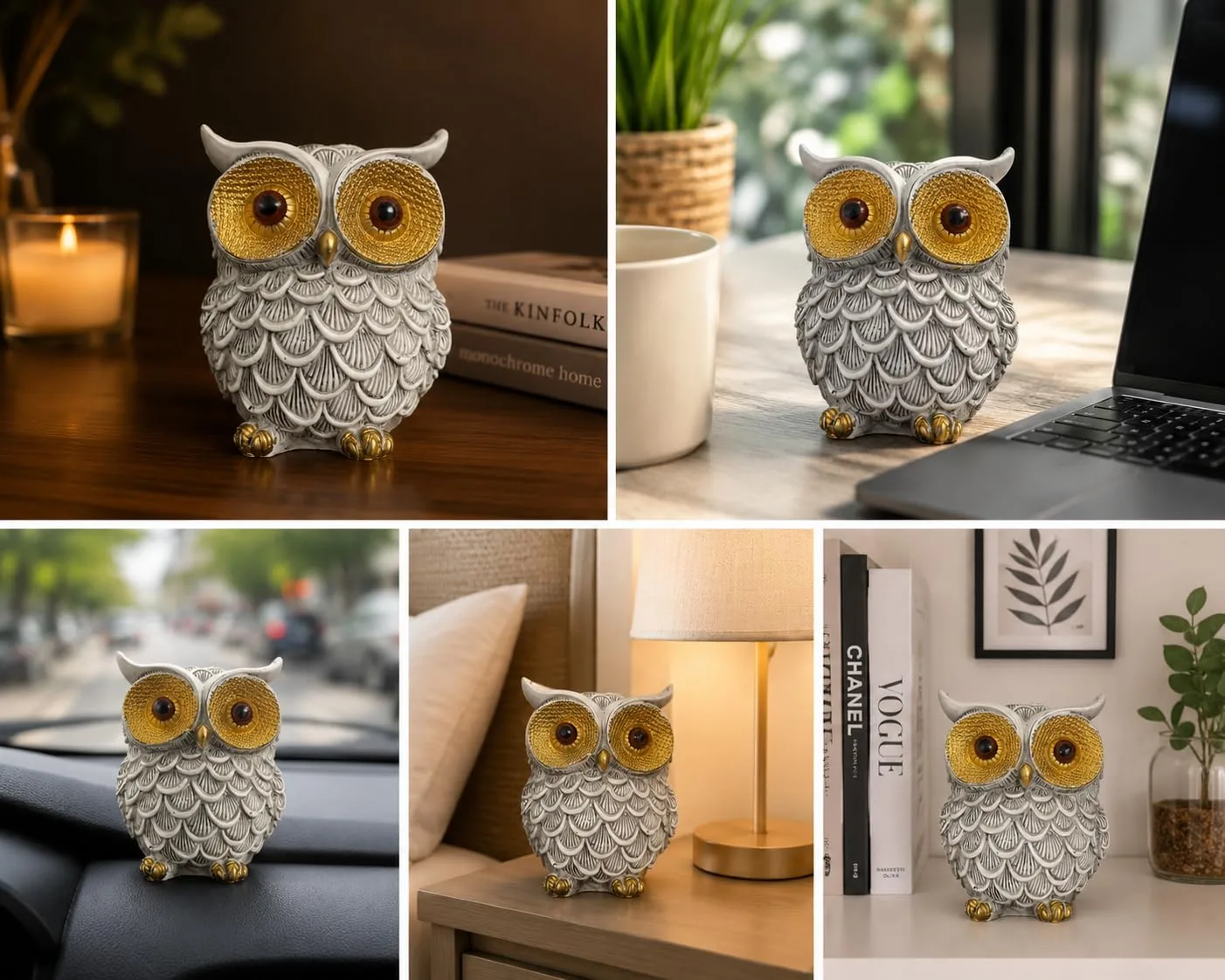 Ahina Resin Owl Figurine, White and Gold, Decorative Sculpture for Home, Office, and Car Dashboard view 7