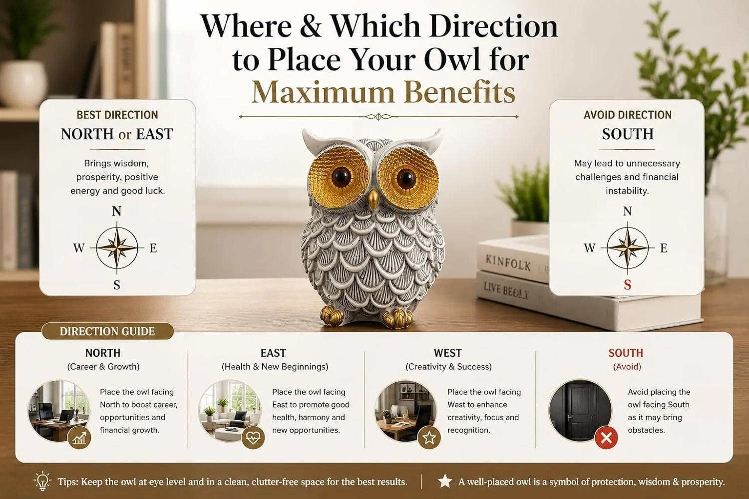Ahina Resin Owl Figurine, White and Gold, Decorative Sculpture for Home, Office, and Car Dashboard view 2