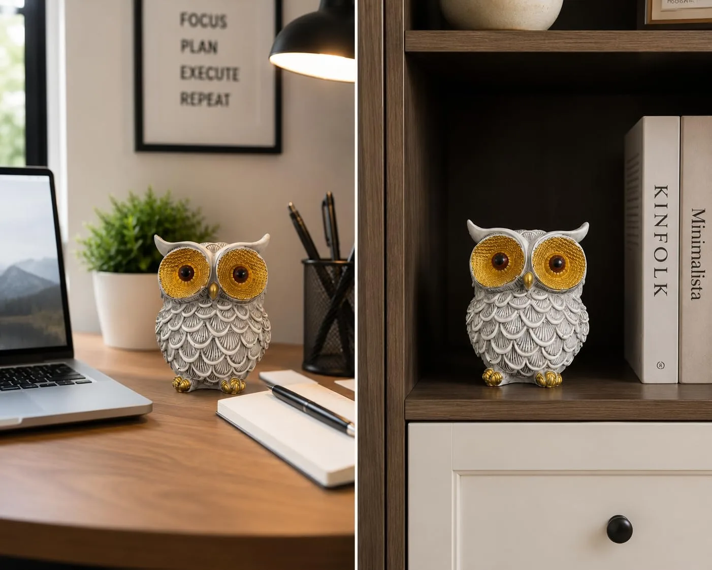 Ahina Resin Owl Figurine, White and Gold, Decorative Sculpture for Home, Office, and Car Dashboard view 3