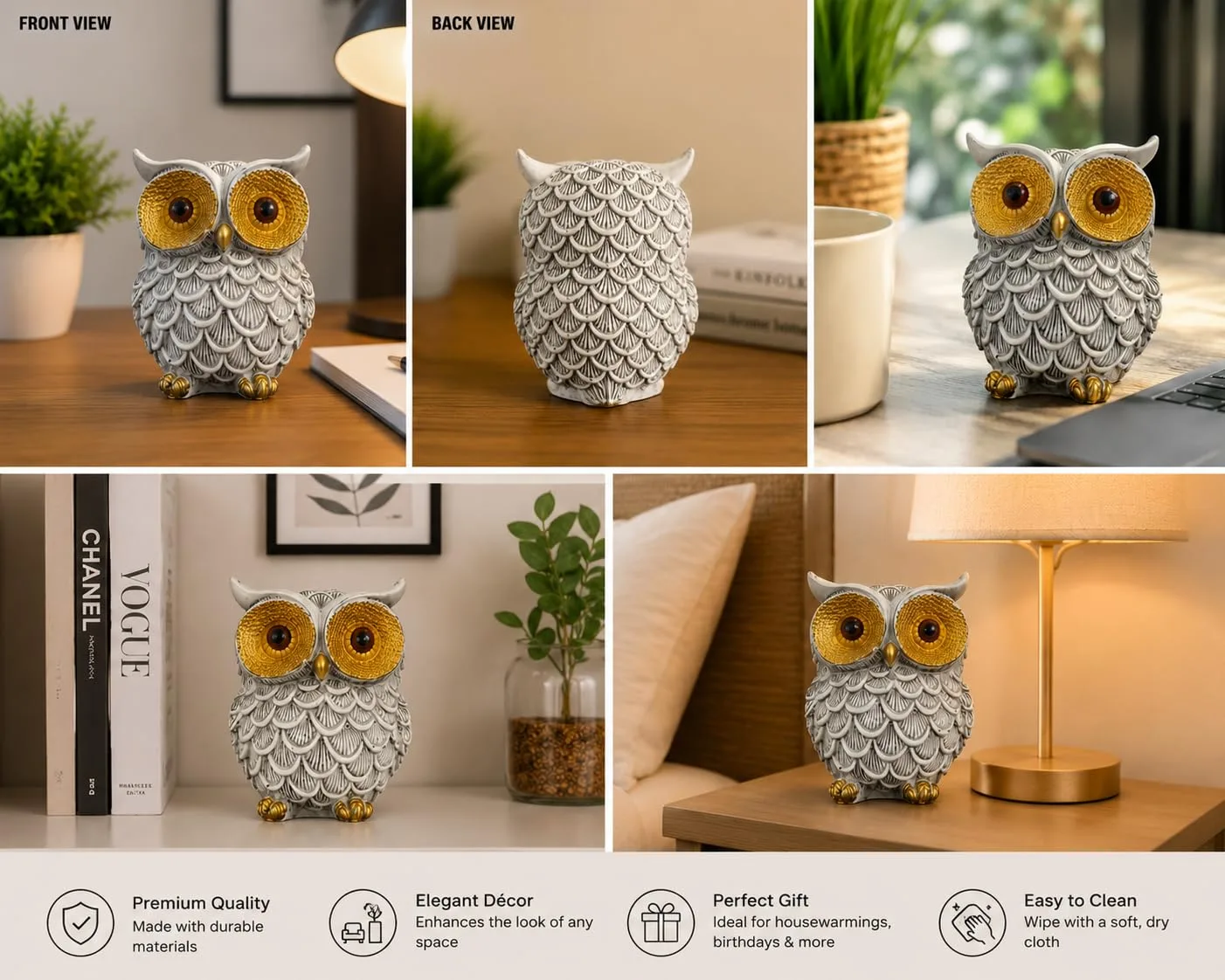 Ahina Resin Owl Figurine, White and Gold, Decorative Sculpture for Home, Office, and Car Dashboard view 4
