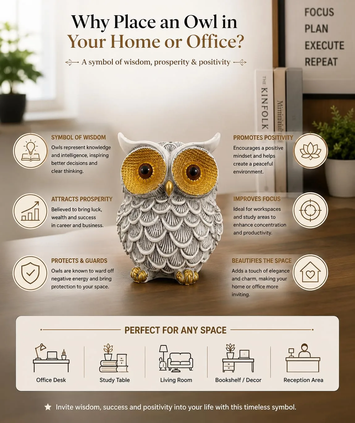Ahina Resin Owl Figurine, White and Gold, Decorative Sculpture for Home, Office, and Car Dashboard view 5