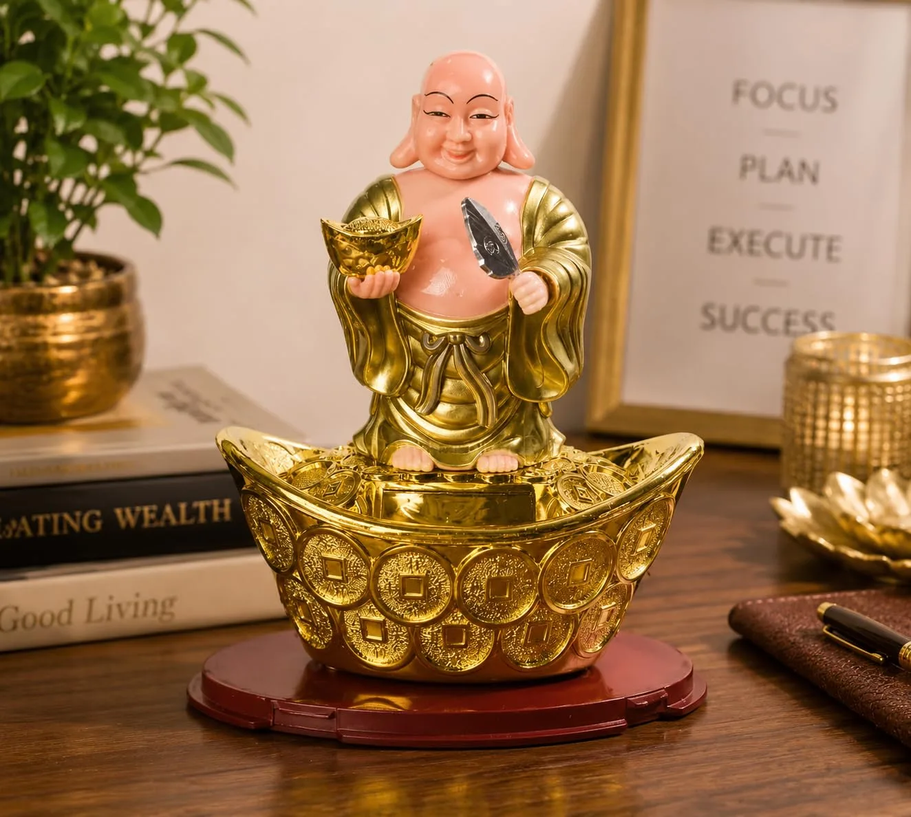Ahina Laughing Buddha Figurine on Gold Ingot with Lucky Coins, Feng Shui Wealth Decor, Resin Statue view 2