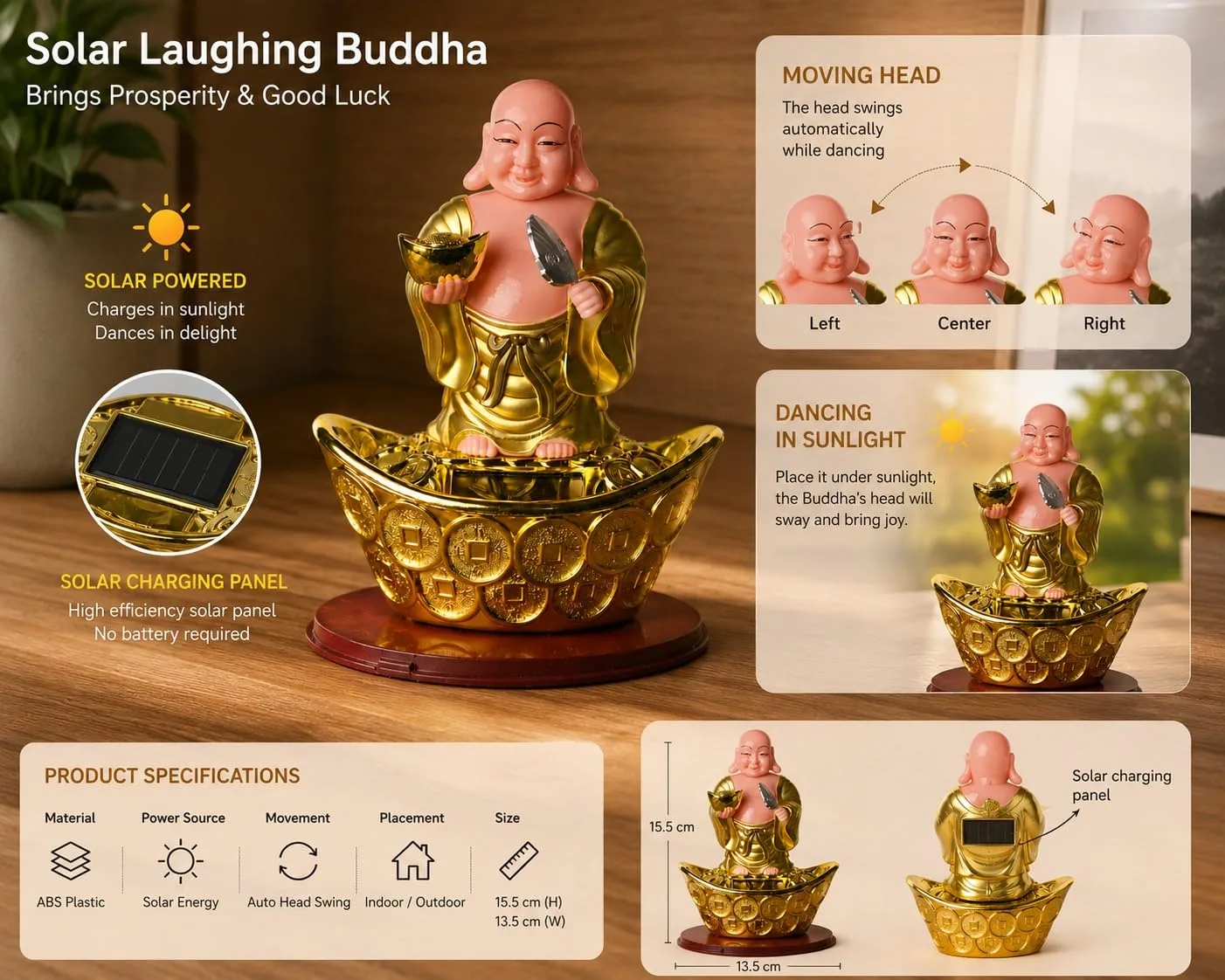Ahina Laughing Buddha Figurine on Gold Ingot with Lucky Coins, Feng Shui Wealth Decor, Resin Statue view 3