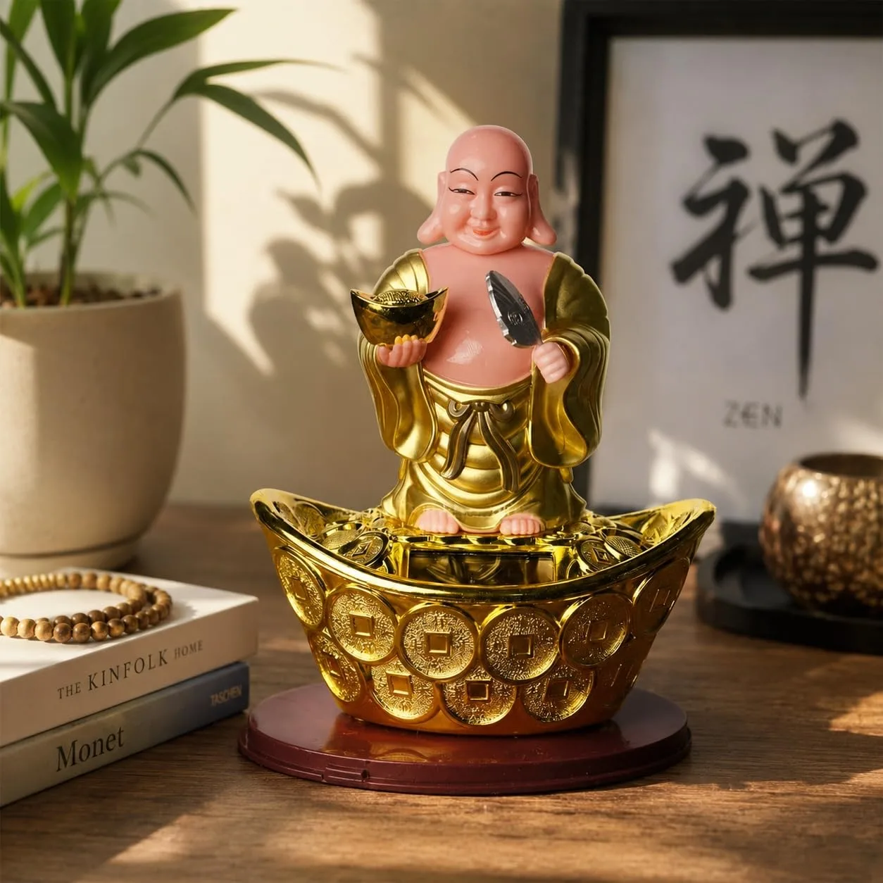 Ahina Laughing Buddha Figurine on Gold Ingot with Lucky Coins, Feng Shui Wealth Decor, Resin Statue view 4