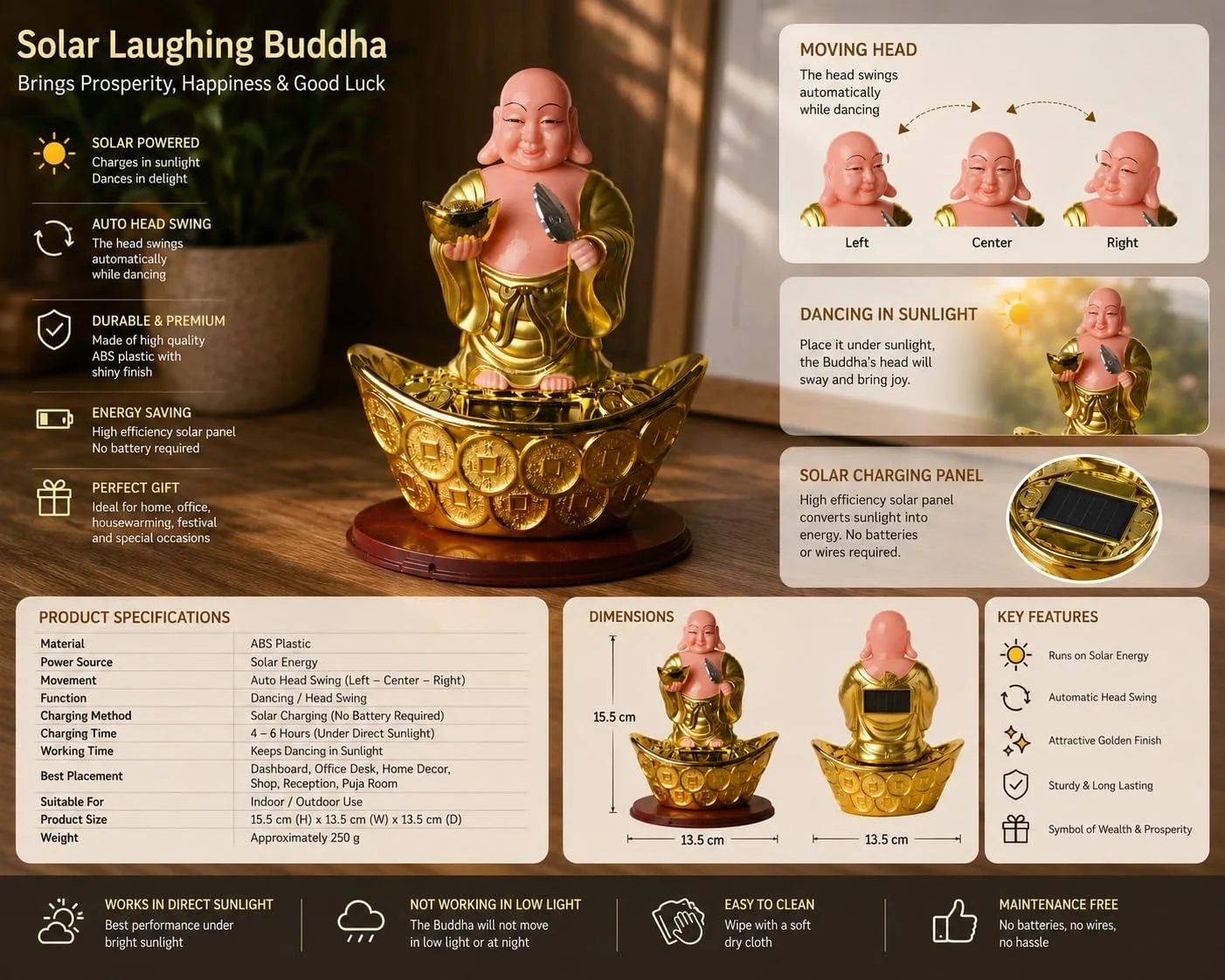 Ahina Laughing Buddha Figurine on Gold Ingot with Lucky Coins, Feng Shui Wealth Decor, Resin Statue view 7