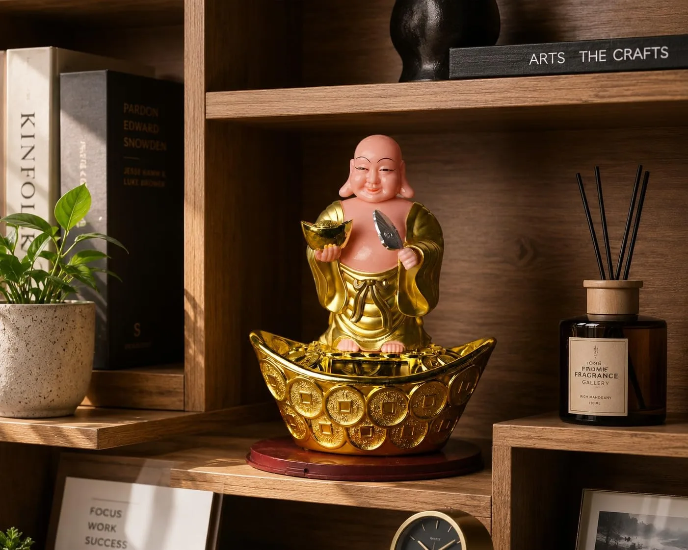 Ahina Laughing Buddha Figurine on Gold Ingot with Lucky Coins, Feng Shui Wealth Decor, Resin Statue view 5