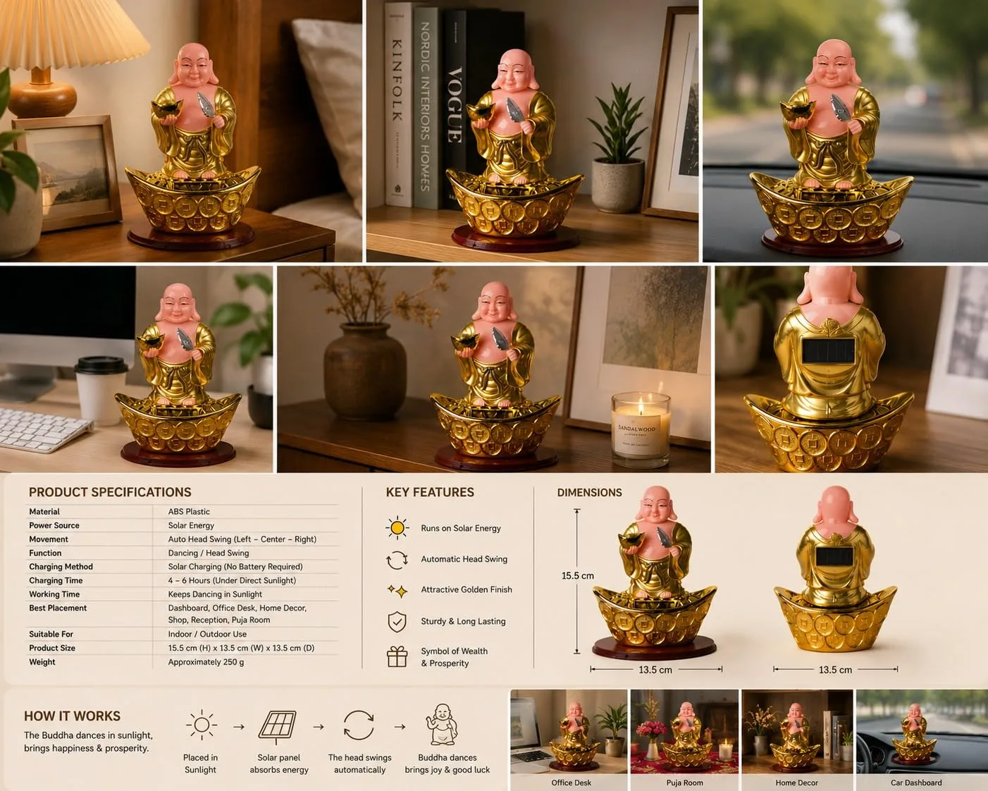 Ahina Laughing Buddha Figurine on Gold Ingot with Lucky Coins, Feng Shui Wealth Decor, Resin Statue view 8