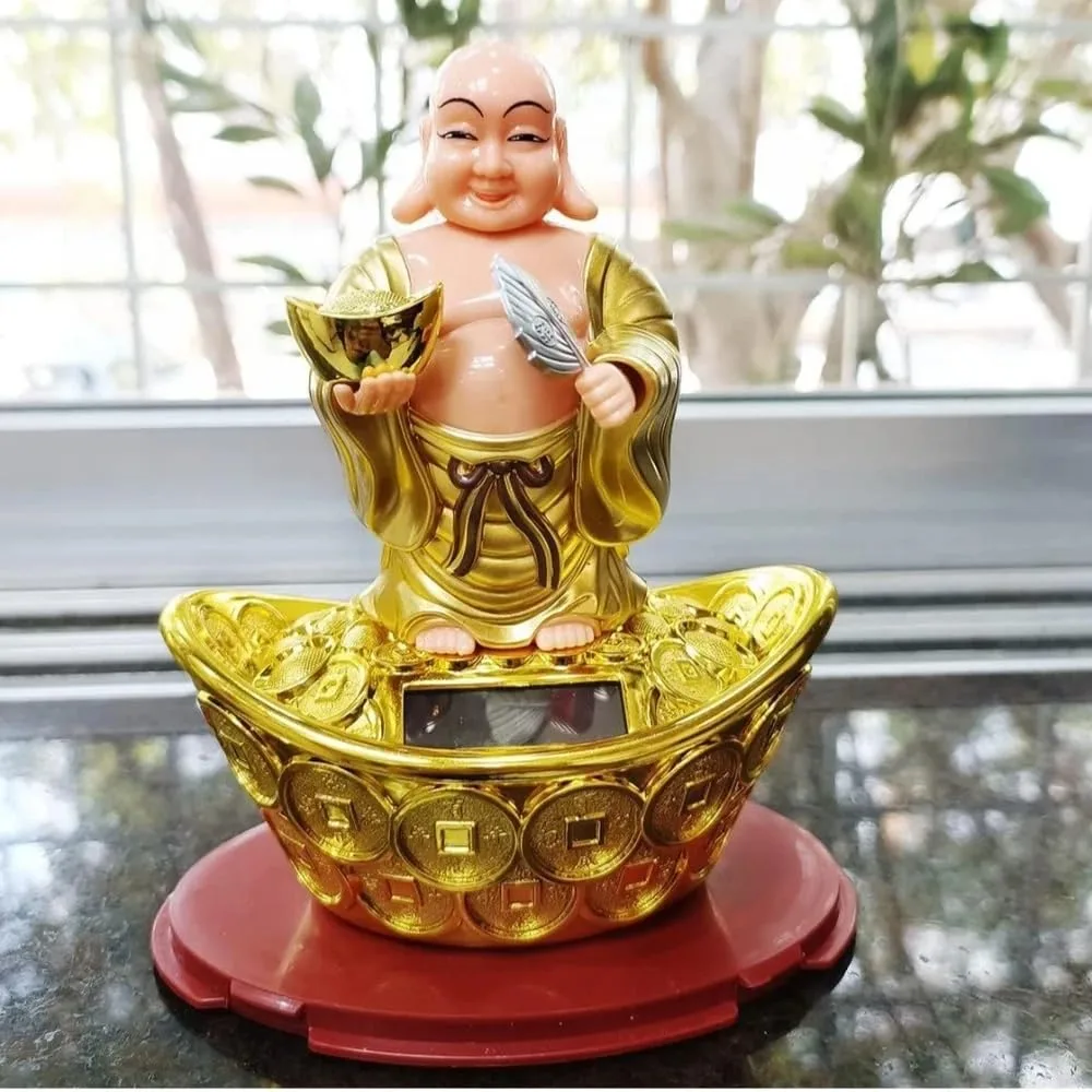 Ahina Laughing Buddha Figurine on Gold Ingot with Lucky Coins, Feng Shui Wealth Decor, Resin Statue view 6
