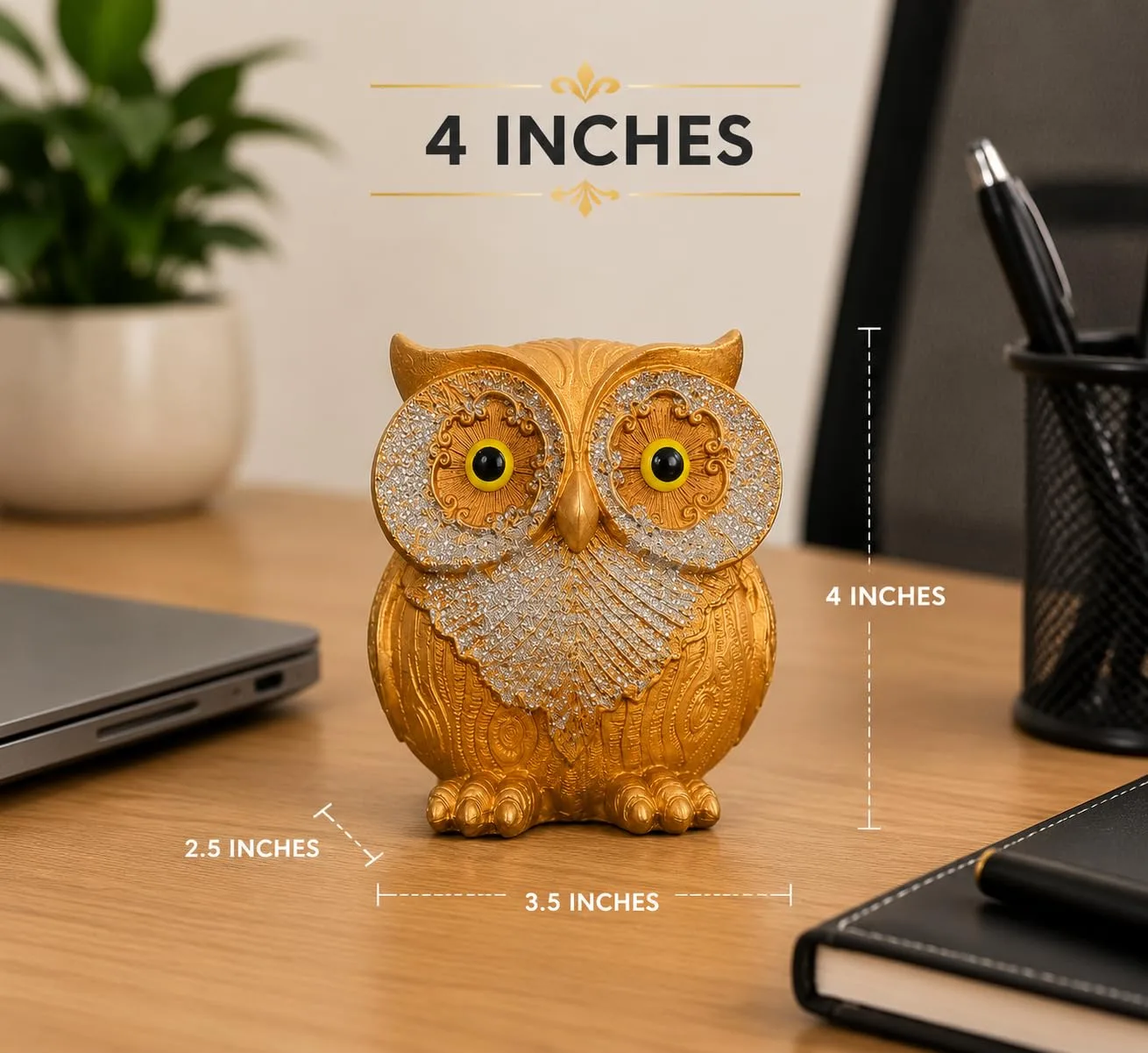 Ahina Golden Resin Owl Showpiece for Home Decor, Office Desk & Study Table | Glitter Wing Detailing, Intricate Carved Design, Office Desk Decor, 3.5x2.5x4 Inches, Decorative Showpiece view 2