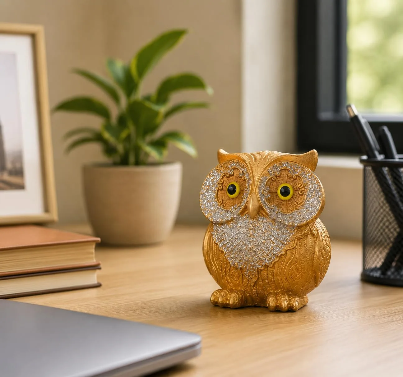Ahina Golden Resin Owl Showpiece for Home Decor, Office Desk & Study Table | Glitter Wing Detailing, Intricate Carved Design, Office Desk Decor, 3.5x2.5x4 Inches, Decorative Showpiece view 3