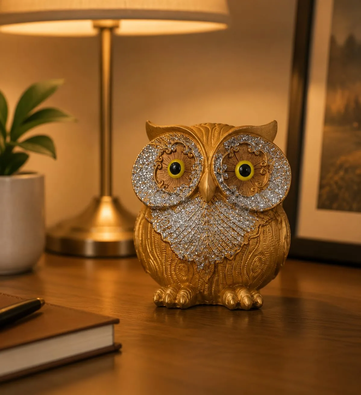 Ahina Golden Resin Owl Showpiece for Home Decor, Office Desk & Study Table | Glitter Wing Detailing, Intricate Carved Design, Office Desk Decor, 3.5x2.5x4 Inches, Decorative Showpiece view 4