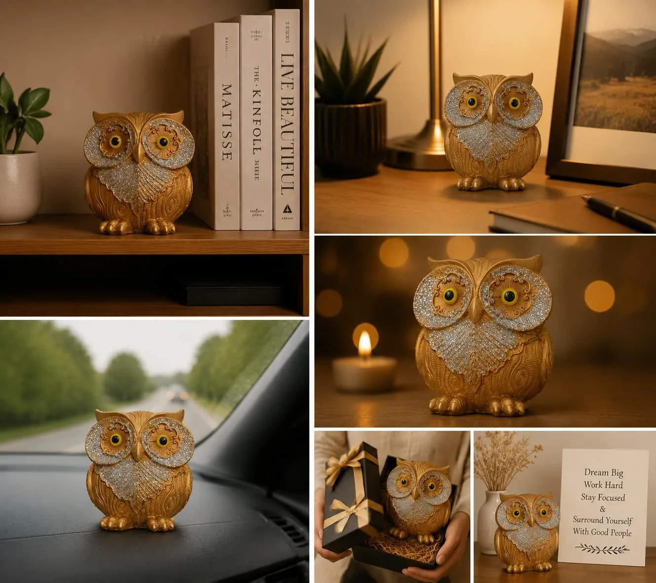 Ahina Golden Resin Owl Showpiece for Home Decor, Office Desk & Study Table | Glitter Wing Detailing, Intricate Carved Design, Office Desk Decor, 3.5x2.5x4 Inches, Decorative Showpiece view 5