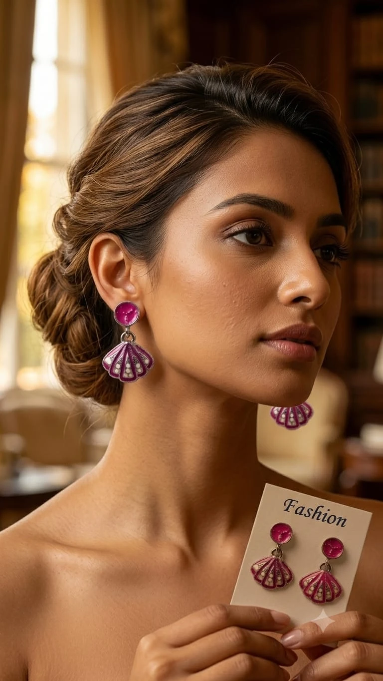 Pink Stone Fan Drop Earrings for Women, Rhinestone Shell Shape Fashion Earrings view 2