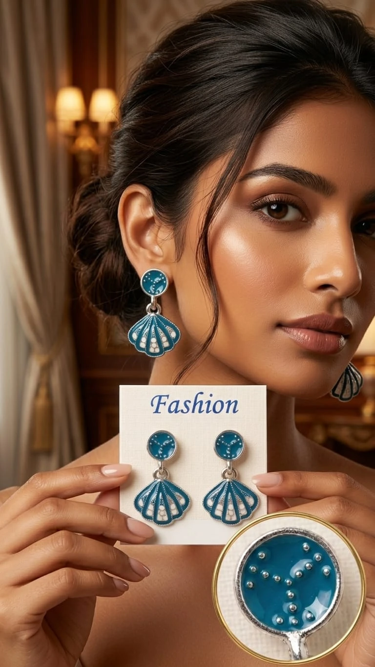 Turquoise Blue Stone Fan Drop Earrings for Women, Shell Shape Party Wear Earrings view 3