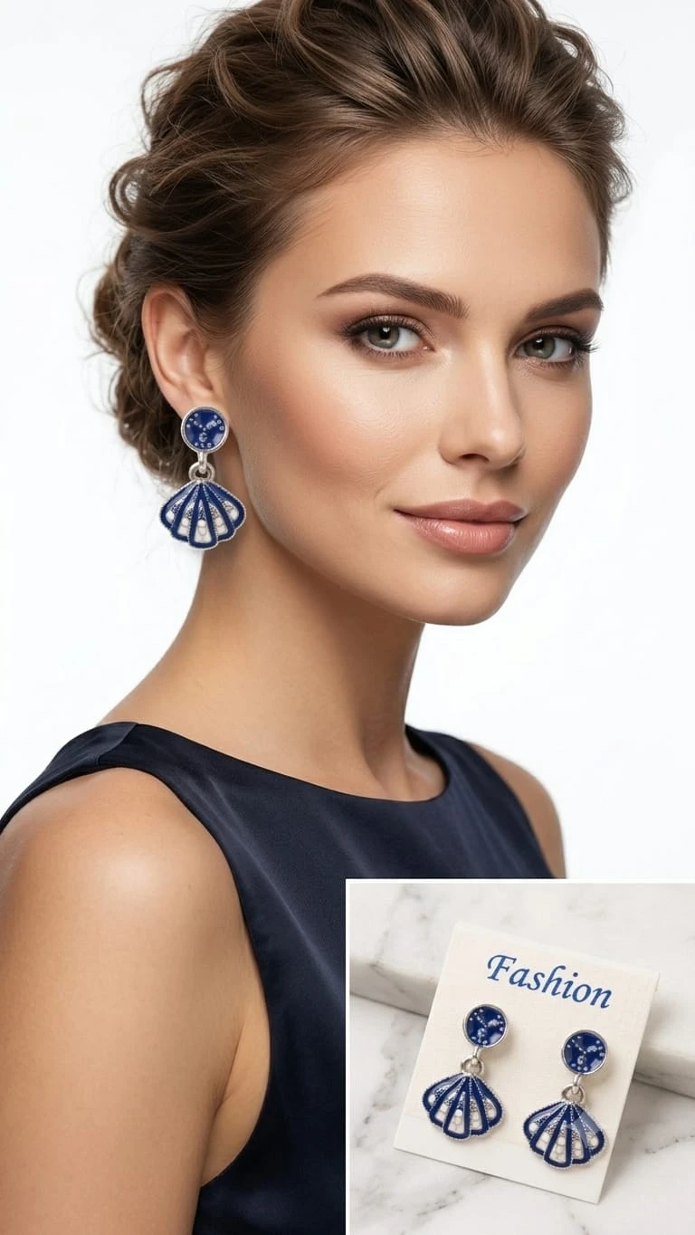 Royal Blue Stone Fan Drop Earrings for Women, Rhinestone Shell Dangle Earrings view 2