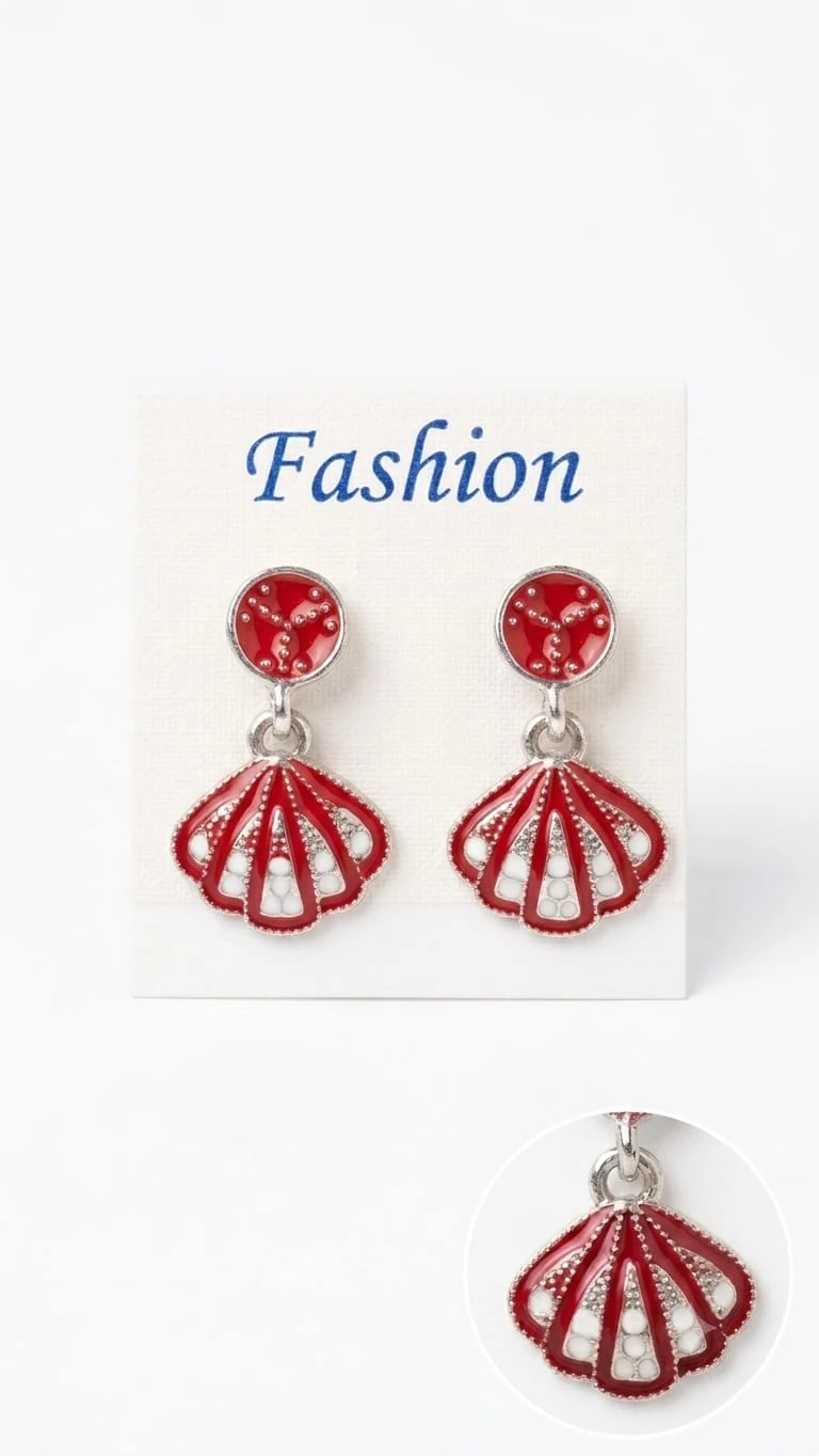 Red Stone Fan Drop Earrings for Women, Crystal Shell Shape Fashion Earrings view 2