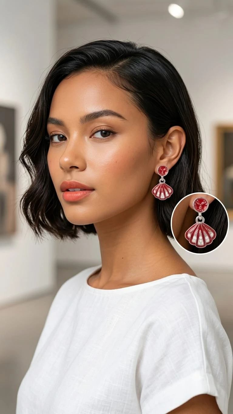 Red Stone Fan Drop Earrings for Women, Crystal Shell Shape Fashion Earrings view 3
