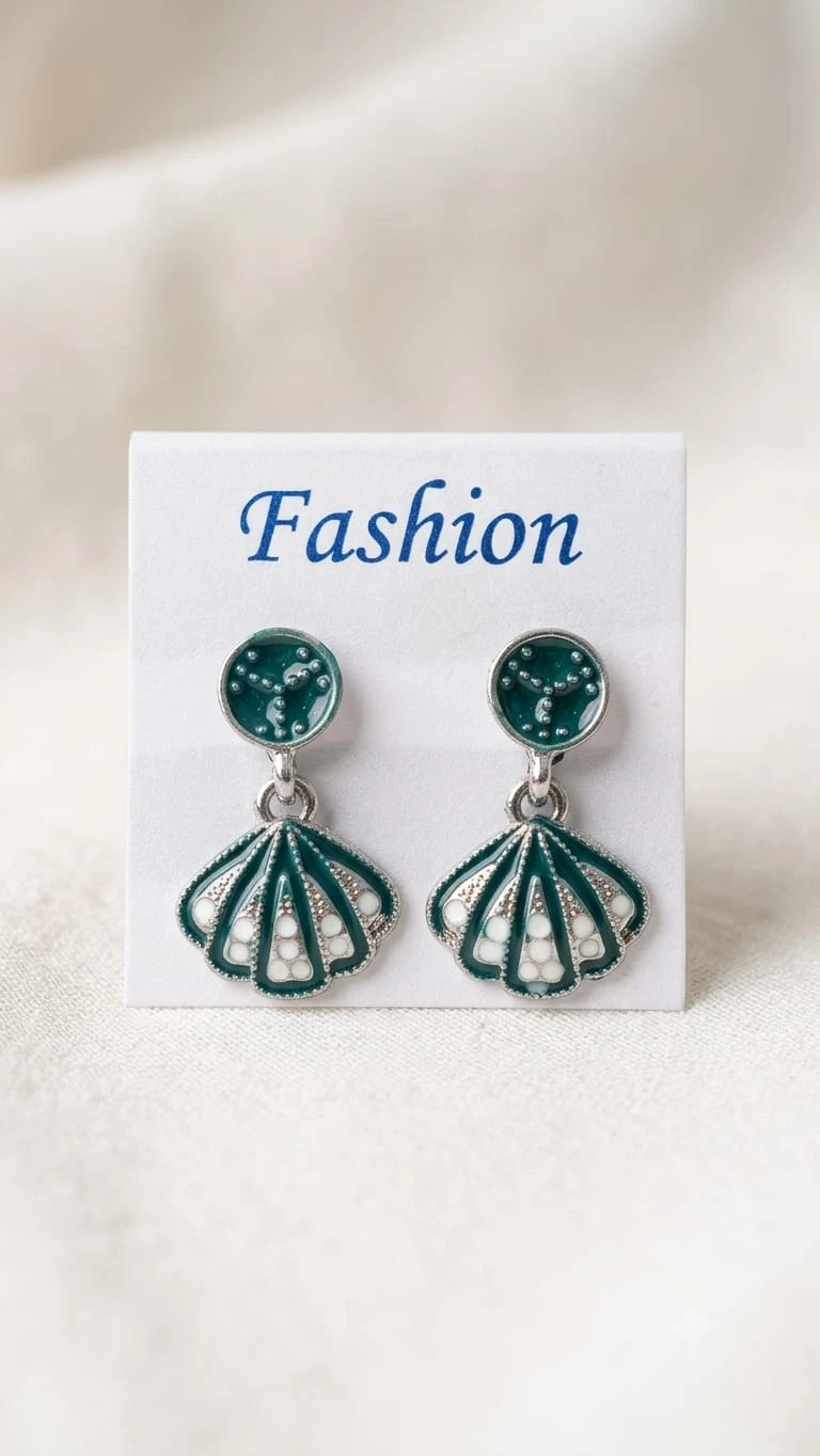 Green Enamel Fan Drop Earrings for Women, Gold-Toned Shell Shape Earrings view 2